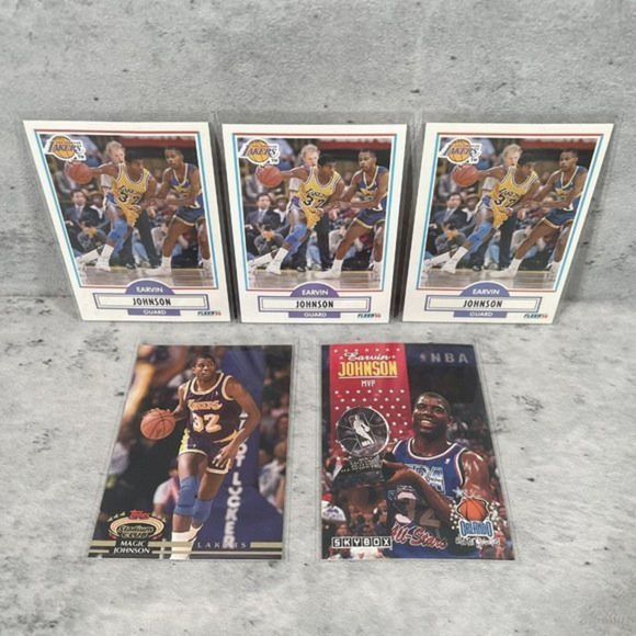 5 CARD‎ LOT Magic Johnson Erving 1990 1992  Stadium Club Fleer Skybox Basketball - Picture 1 of 3